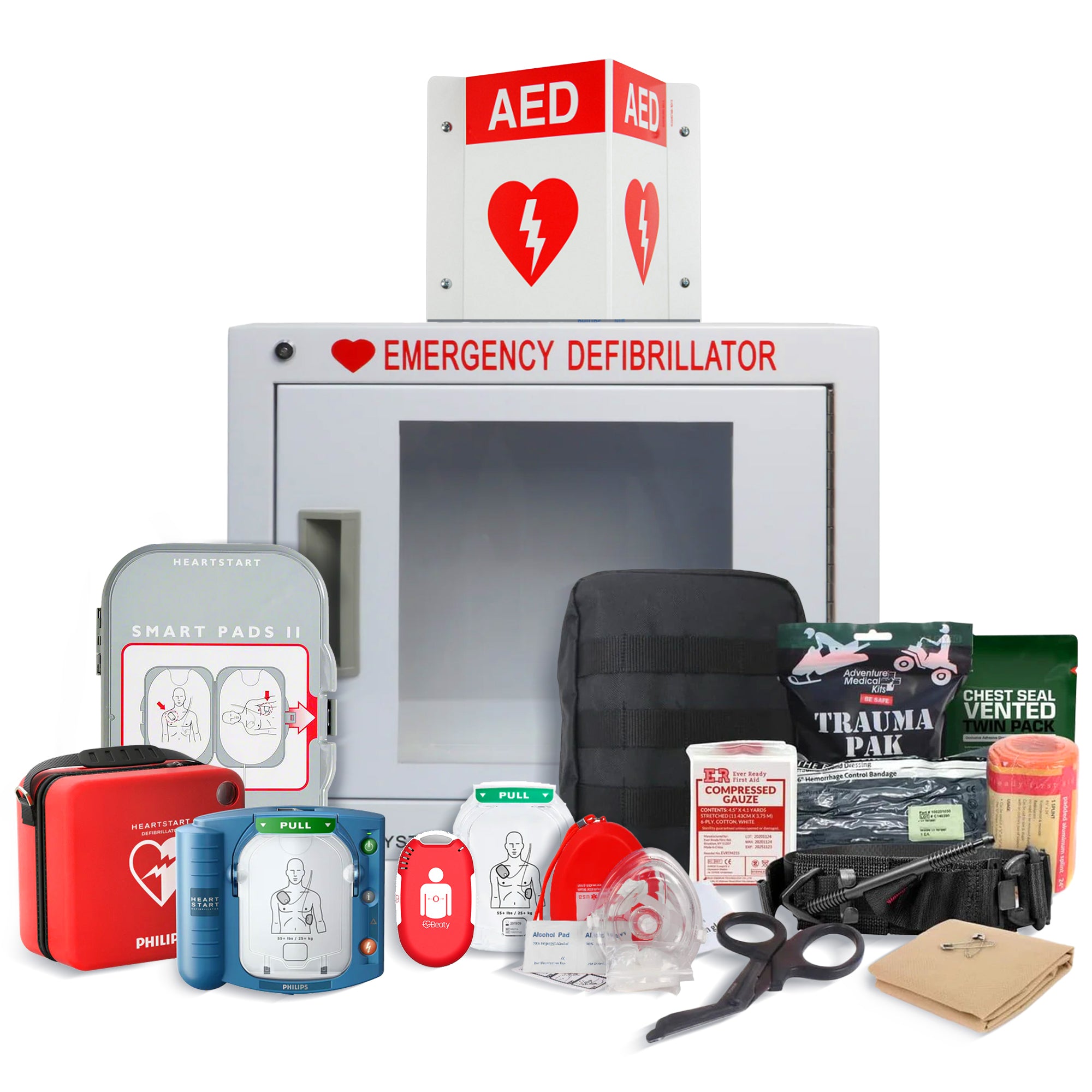 Ever Ready First Aid fully equipped kit with Philips AED with Cabinet, Defibrillation pads, and Beaty CPR  (Adults and Children)