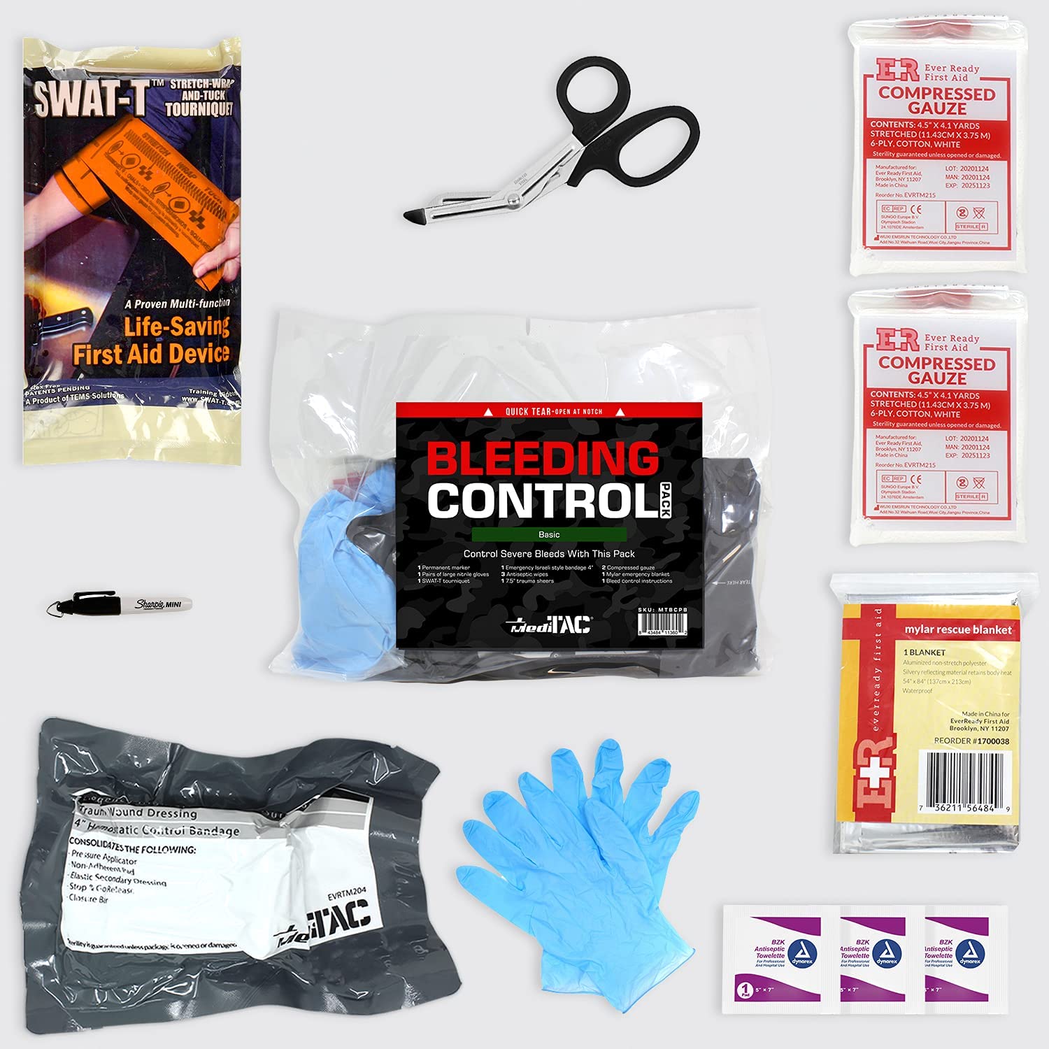 MediTac Basic Bleeding Control Pack Feat. SWAT-T Tourniquet, Emergency Bandage and Compressed Gauze Dressing