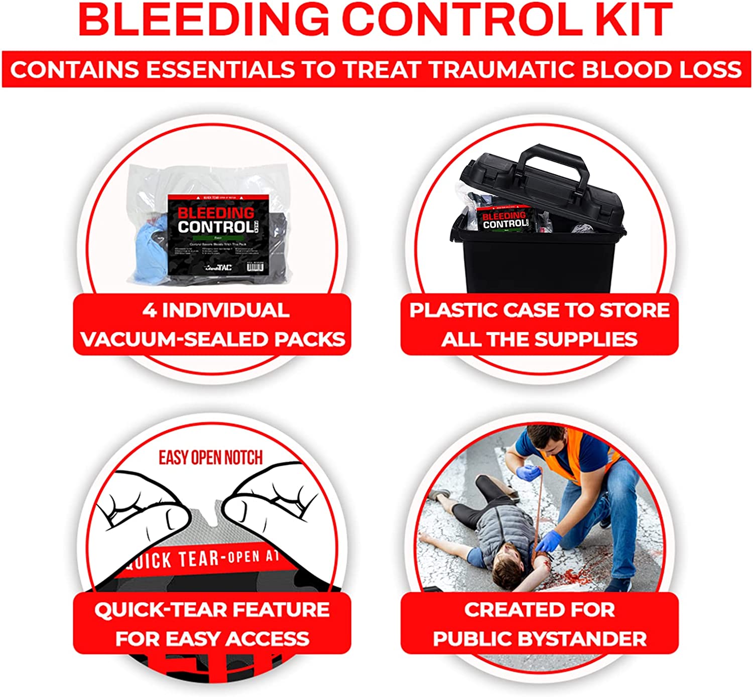 MediTac Bleeding Control Kit in Plastic Case, 4 Individual Vacuum-Sealed Kits for Bystanders and First Responders to Control Severe Bleeding
