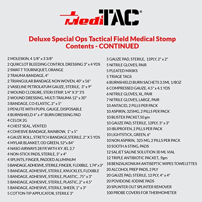 MediTac Deluxe Special Ops Tactical Field Medical Stomp Kit Feat. CAT Tourniquet, Chest Seals, Bleeding Control, Bandages, Shears, Gauze Pads and Rolls and Equipment
