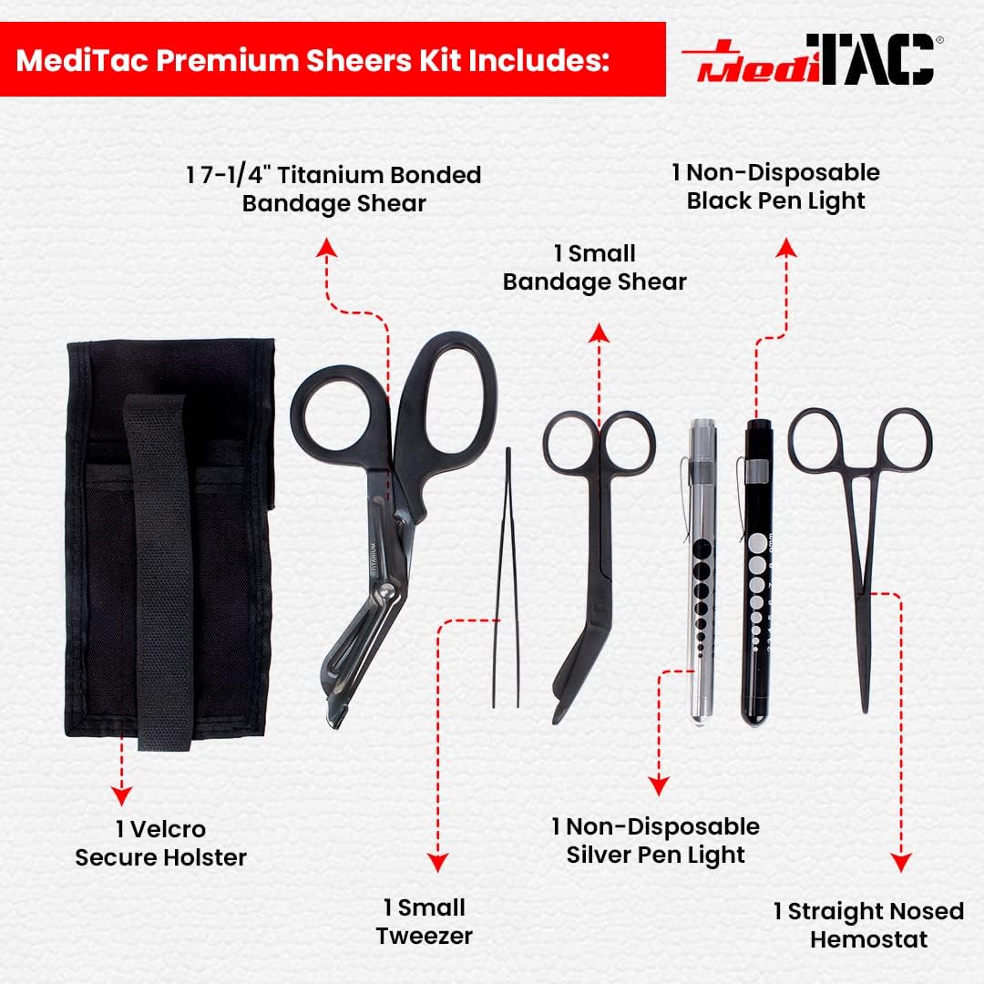 MediTac Premium First Aid Shears EMT Scissors Combo Pack (with 7-1/4" Titanium Bonded Shear) with Holster - Tactical Black