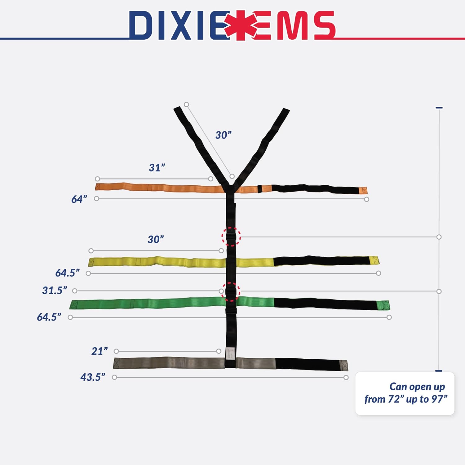 Dixie EMS Backboard Spider Straps, 10 Point Reflective, Color Coded Spine Board Strap System