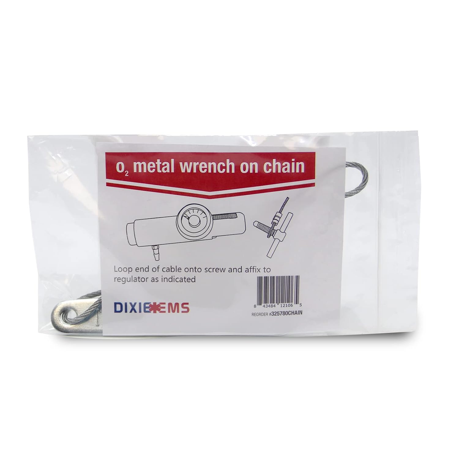 Dixie EMS 5080 Heavy Duty Metal Oxygen Cylinder Wrench/Key with Chain