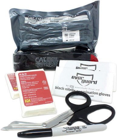 Ever Ready First Aid Bleeding Control - Basic Components Kit with CAT Tourniquet, Bandage, Gauze Dressing, Trauma Shears, Gloves, Marker