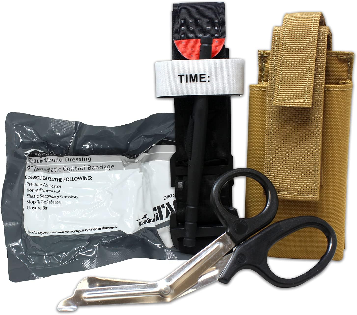 MediTac Gen 1 Combo IFAK Components - Feat. Tourniquet and holder, Emergency Bleeding Control Bandage and Stainless Steel EMS Shears