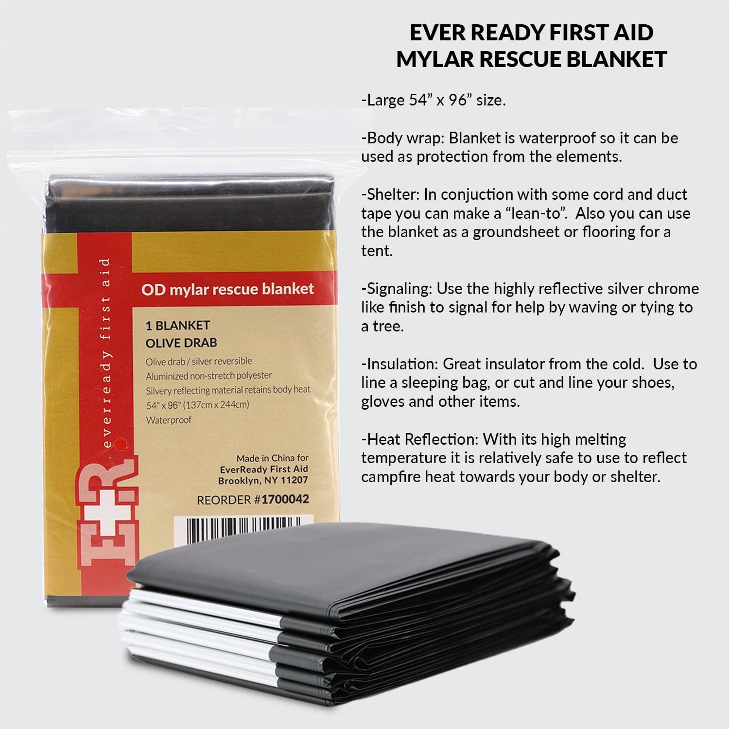 Ever Ready First Aid Mylar Rescue Blanket, Large Olive and Silver Thermal Sheet for Emergency and Survival, 54” x 96” - 10 Count