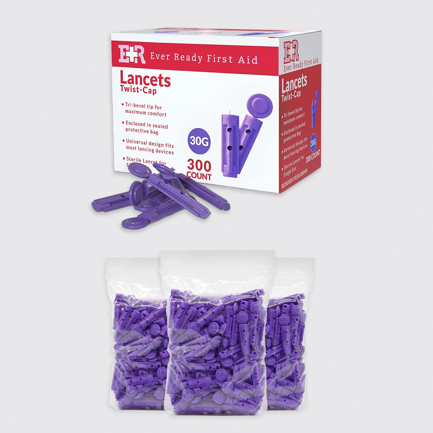 Ever Ready First Aid Sterile Twist-Cap Lancets 30G Purple (300 Count) with Alcohol Prep Pads (200 Count) – Individually Wrapped