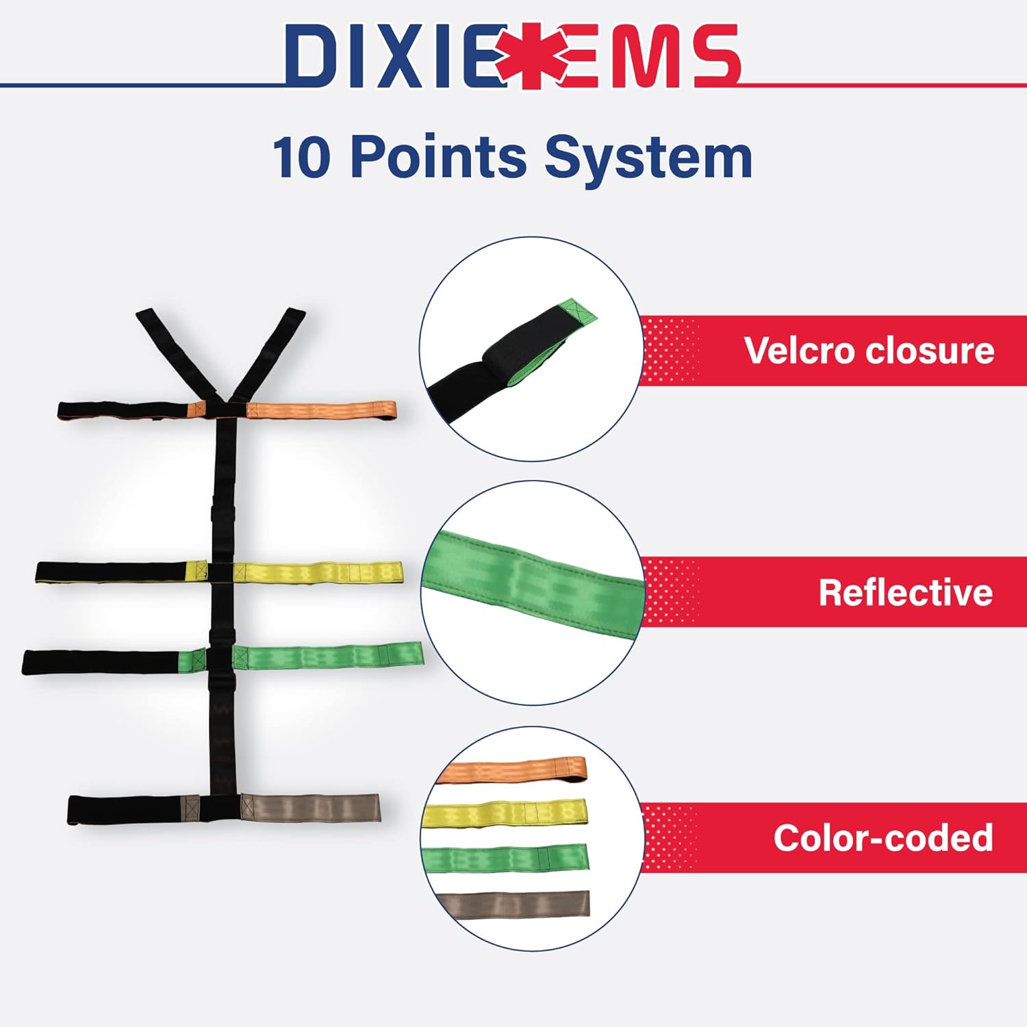 Dixie EMS Backboard Spider Straps, 10 Point Reflective, Color Coded Spine Board Strap System