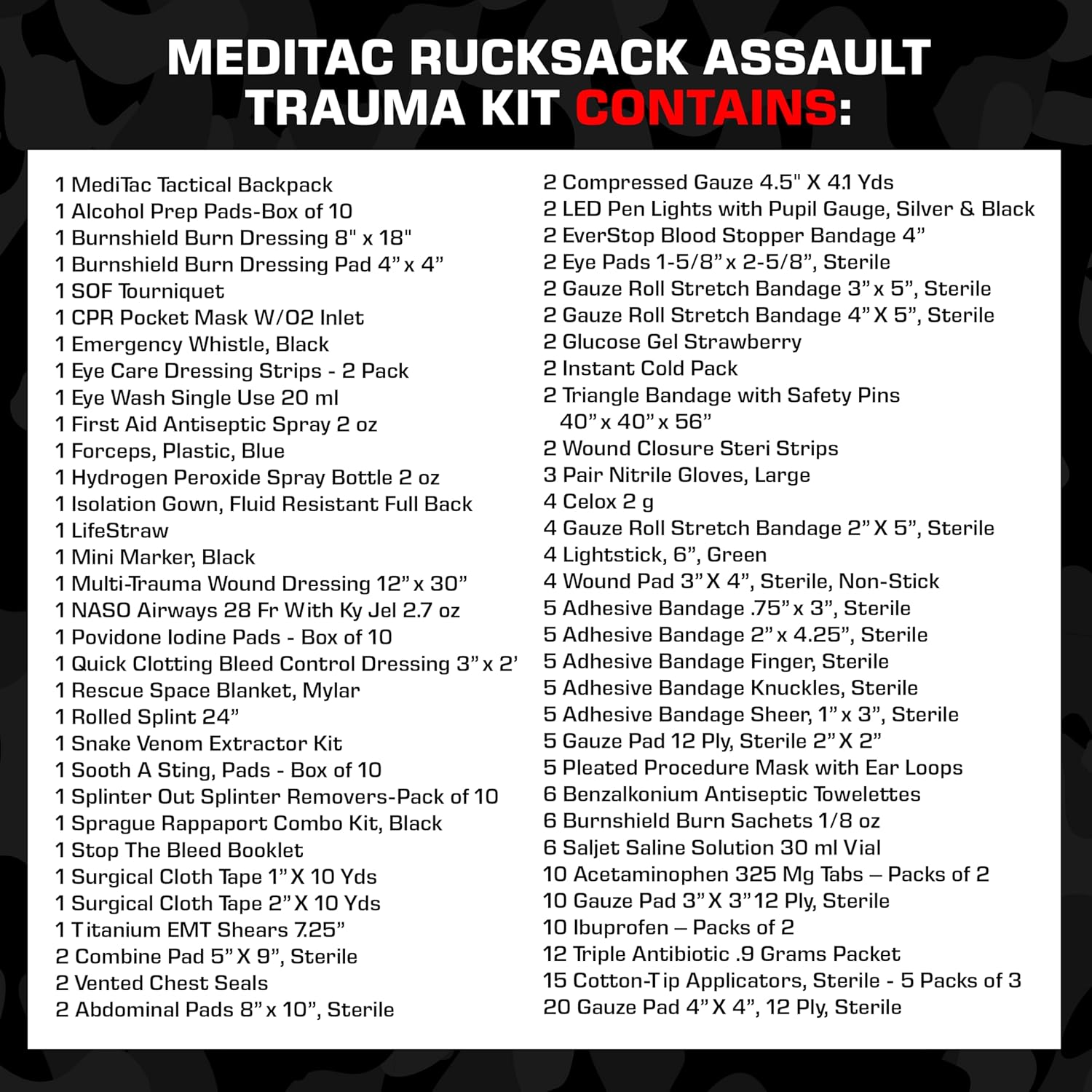 MediTac Rucksack Assault Trauma Tactical Kit Feat. SOF Tourniquet, Chest Seals, Clotting Gauze - Black