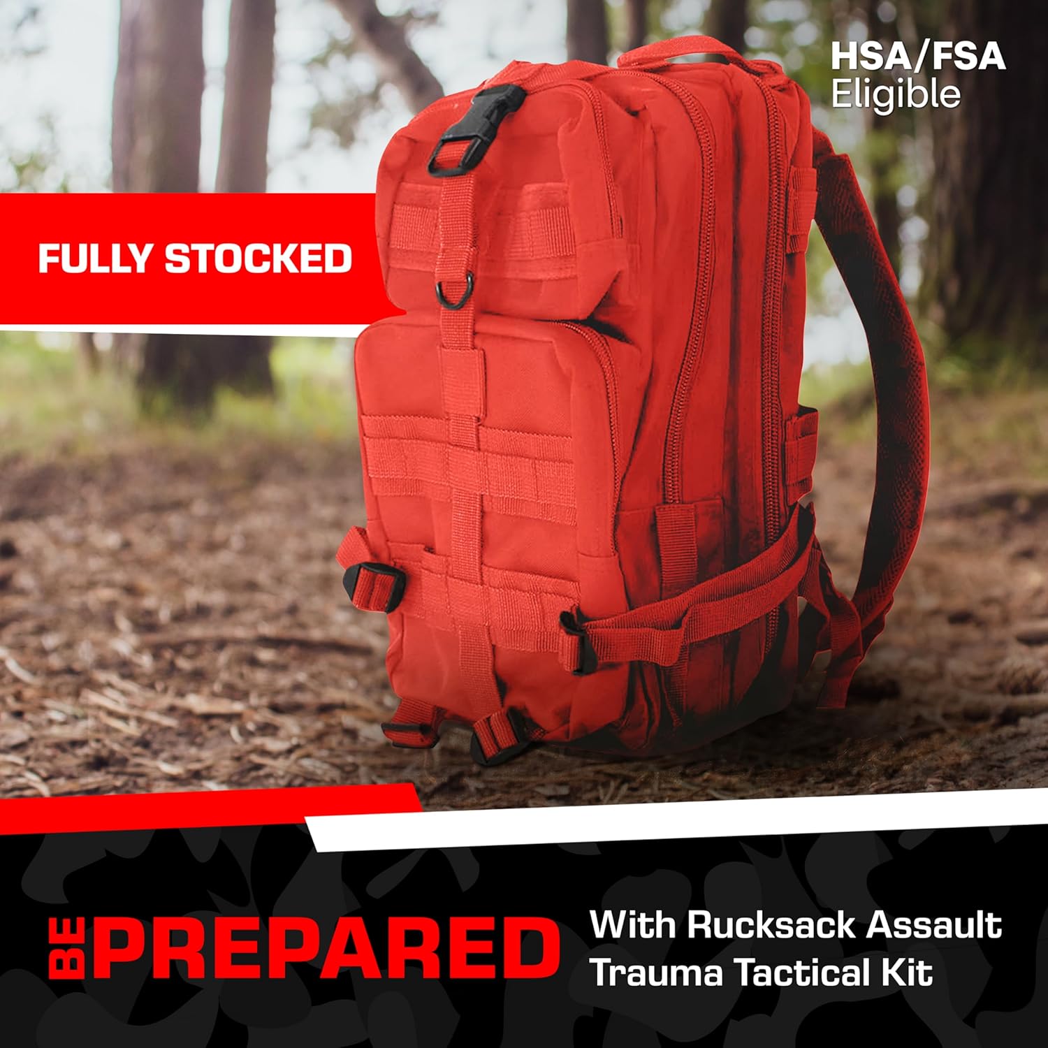 MediTac Rucksack Assault Trauma Tactical Kit Feat. SOF Tourniquet, Chest Seals, Clotting Gauze – Red