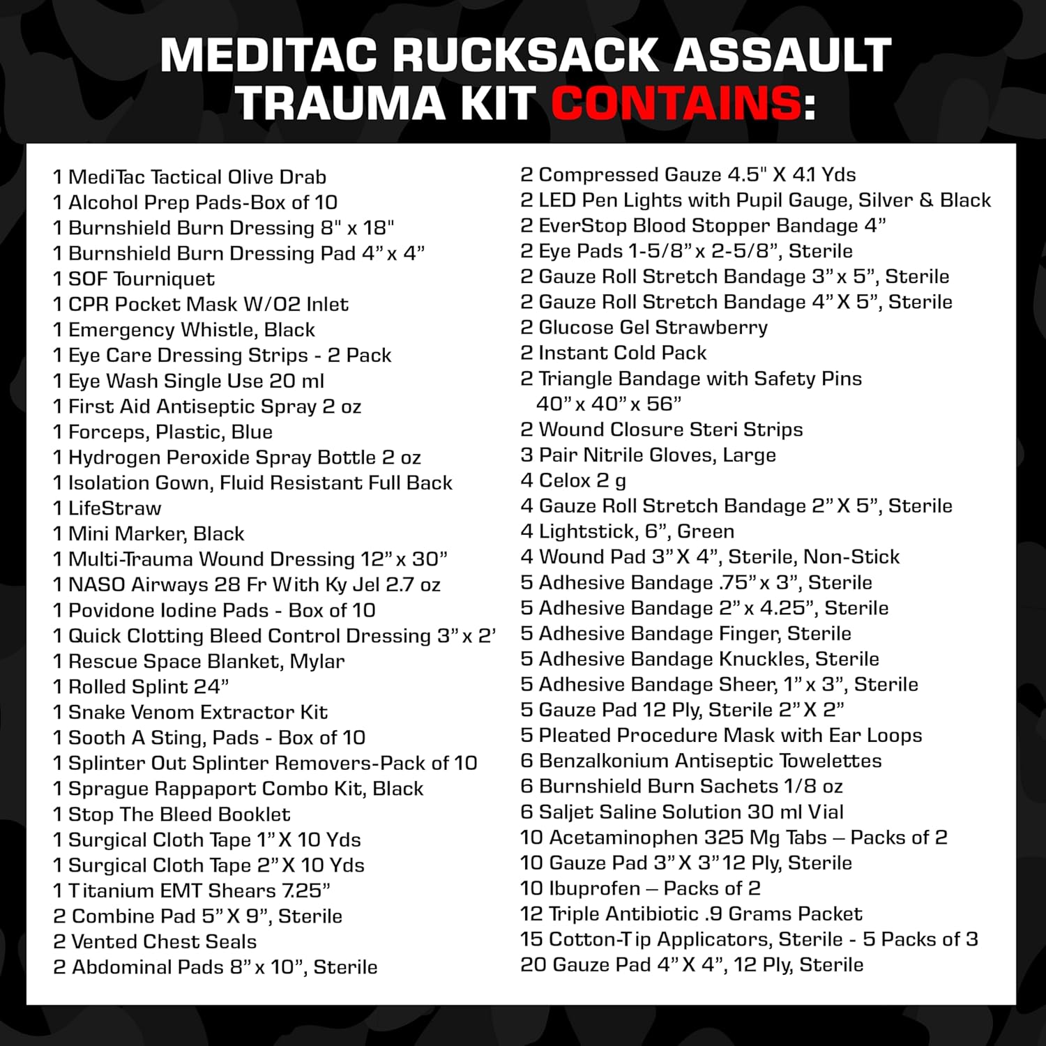 MediTac Rucksack Assault Trauma Tactical Kit Feat. SOF Tourniquet, Chest Seals, Clotting Gauze - Olive Drab