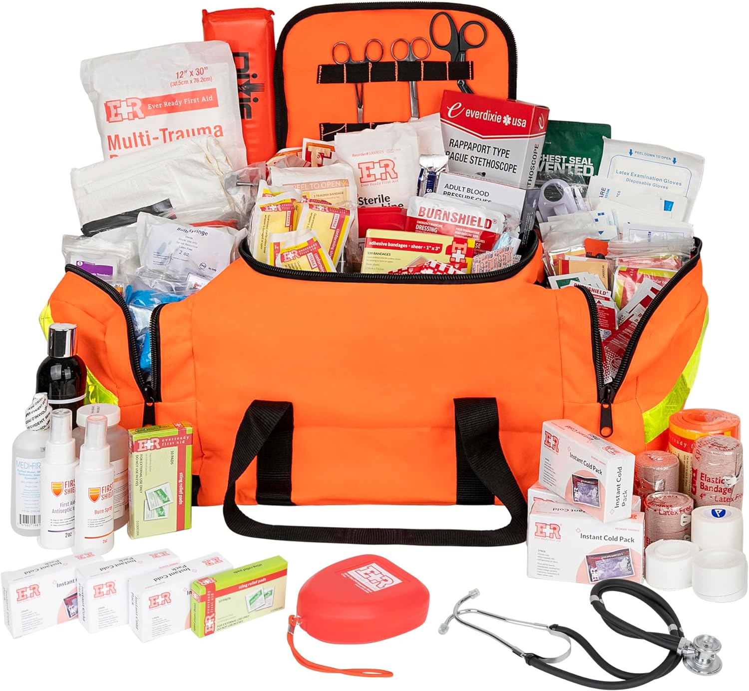 Ever Ready First Aid Filled Large Medic First Responder EMT Trauma Bag, Stocked First Aid Trauma Kit (Orange)
