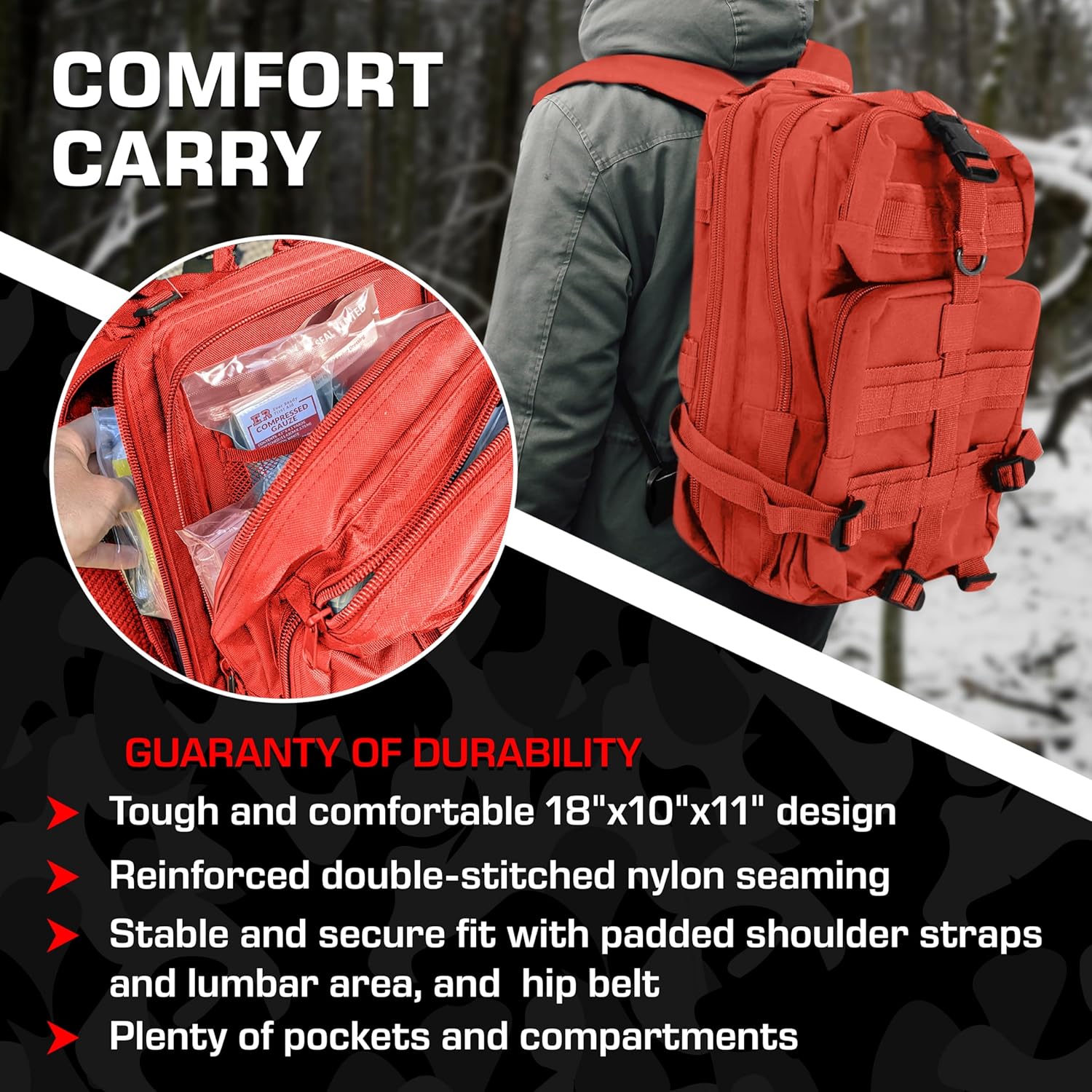 MediTac Rucksack Assault Trauma Tactical Kit Feat. SOF Tourniquet, Chest Seals, Clotting Gauze – Red