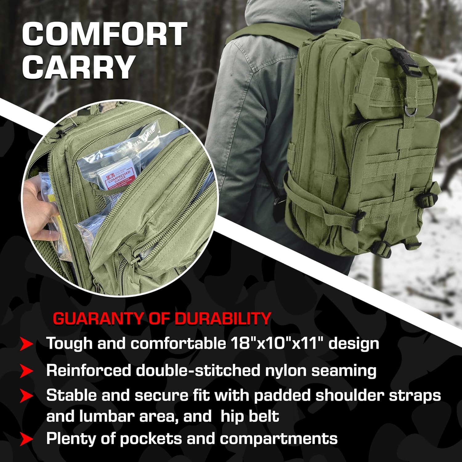 MediTac Rucksack Assault Trauma Tactical Kit Feat. SOF Tourniquet, Chest Seals, Clotting Gauze - Olive Drab