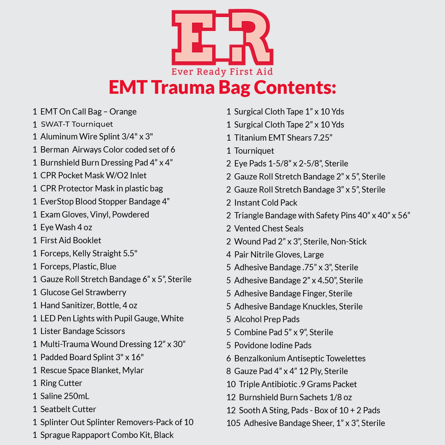 Ever Ready First Aid Fully Stocked EMT Trauma Kit Feat. Tourniquet, Chest Seals, SWAT-T Tourniquet, Control, Bandages, Shears, Gauze Pads and Rolls (Orange)