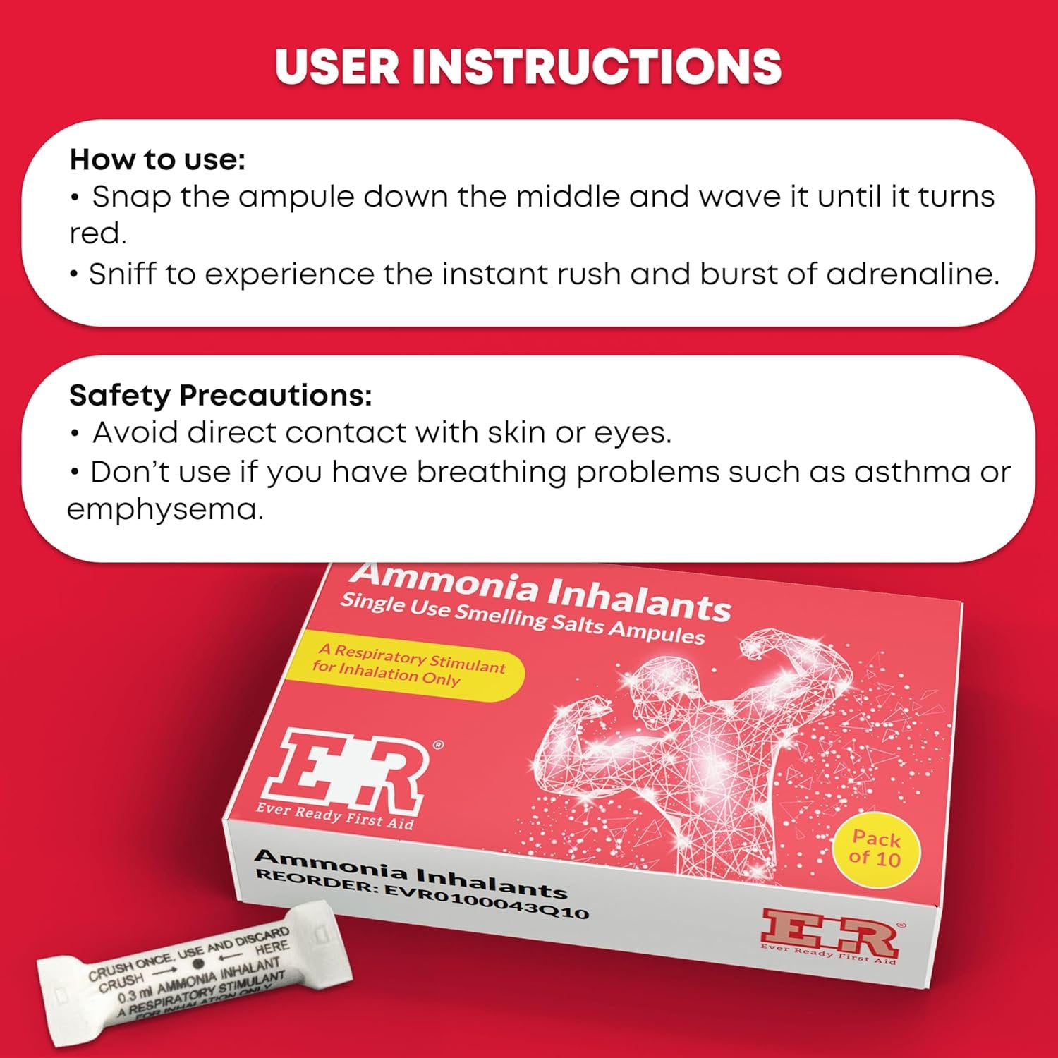 Ever Ready First Aid - Ammonia Inhalant Smelling Salts Ampules for Lightheadedness - Ampules Snap & Sniff - Powerlifting Inhalant Packets for Athletes