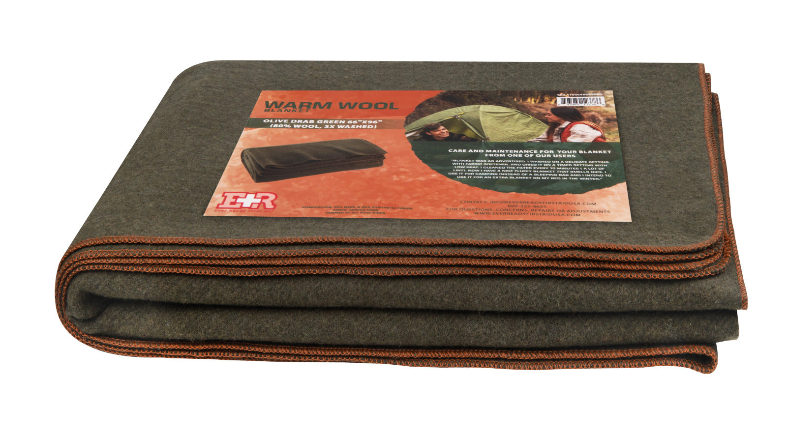 Ever Ready First Aid Military Wool Blanket - Perfect for Outdoors, Camping & Bushcraft Emergency Blanket, 95% Wool - 96" x 66", 5 lbs. -Twin Size