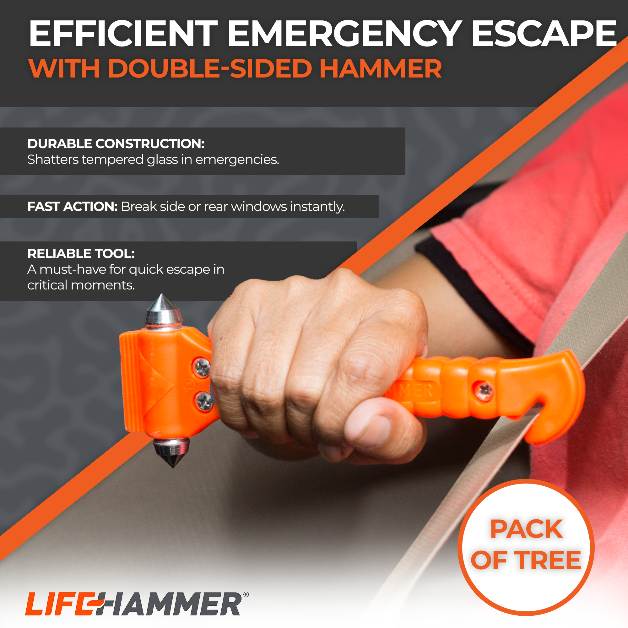 LifeHammer Brand Car Safety Hammer, The Original Emergency Escape and Rescue Tool with Seatbelt Cutter, Made in The Netherlands, Orange - 3 Pack