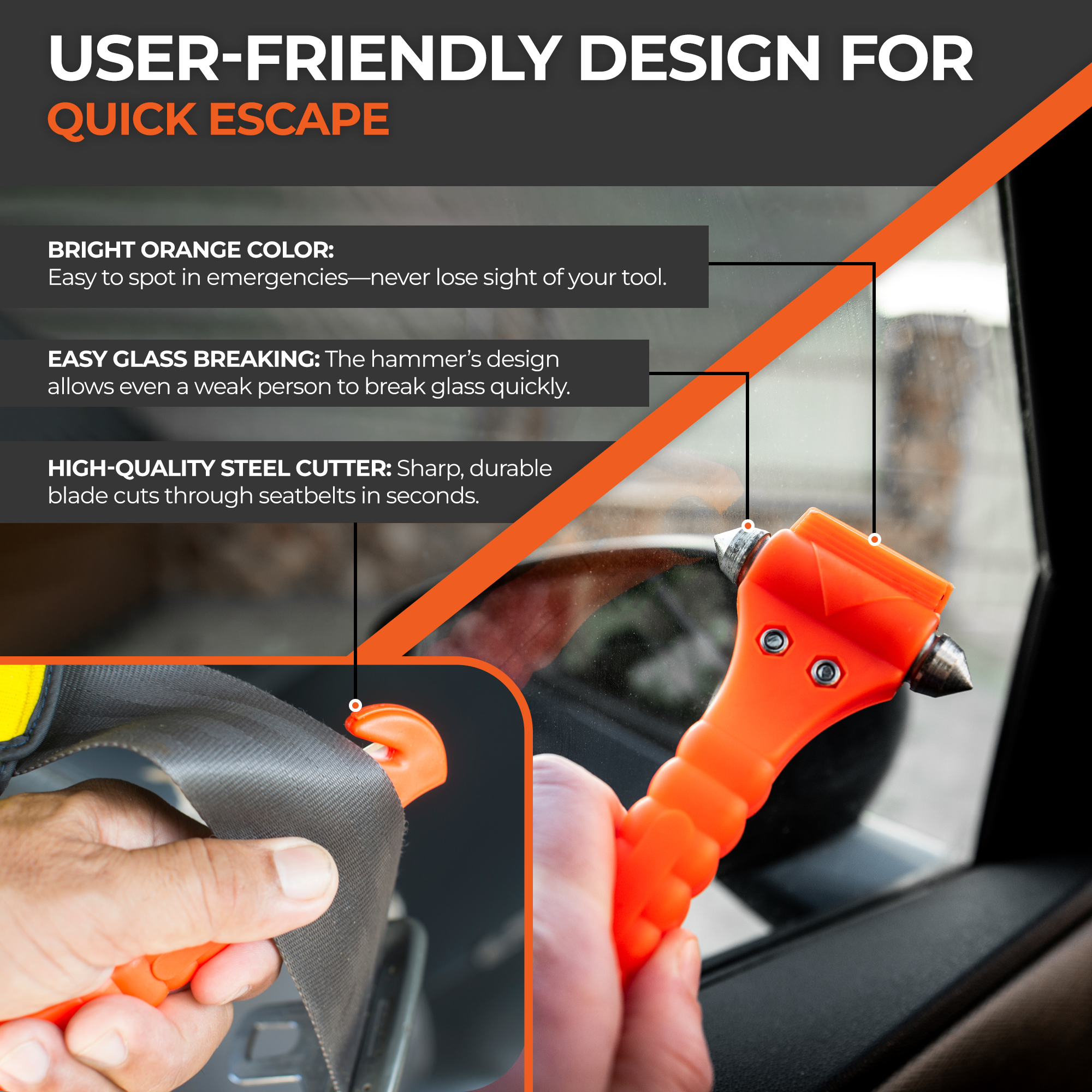 Lifehammer Brand Car Safety Hammer, the Original Emergency Escape and Rescue Tool with Seatbelt Cutter, Made in the Netherlands, Glow Orange - 3 Pack