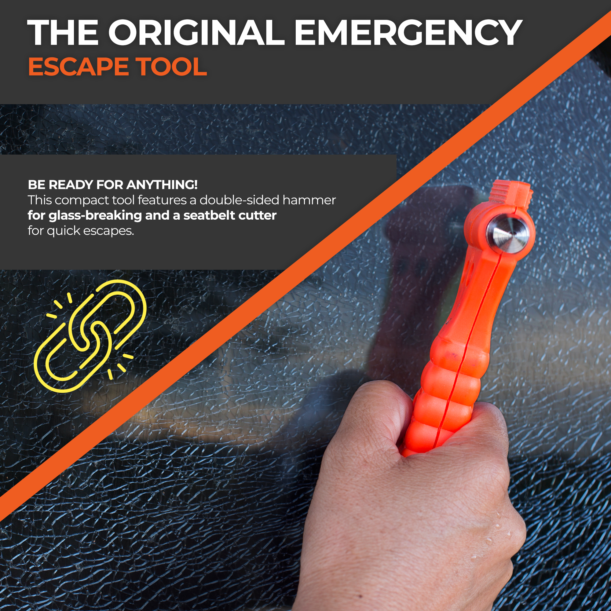 LifeHammer Brand Car Safety Hammer, The Original Emergency Escape and Rescue Tool with Seatbelt Cutter, Made in The Netherlands, Orange - 3 Pack