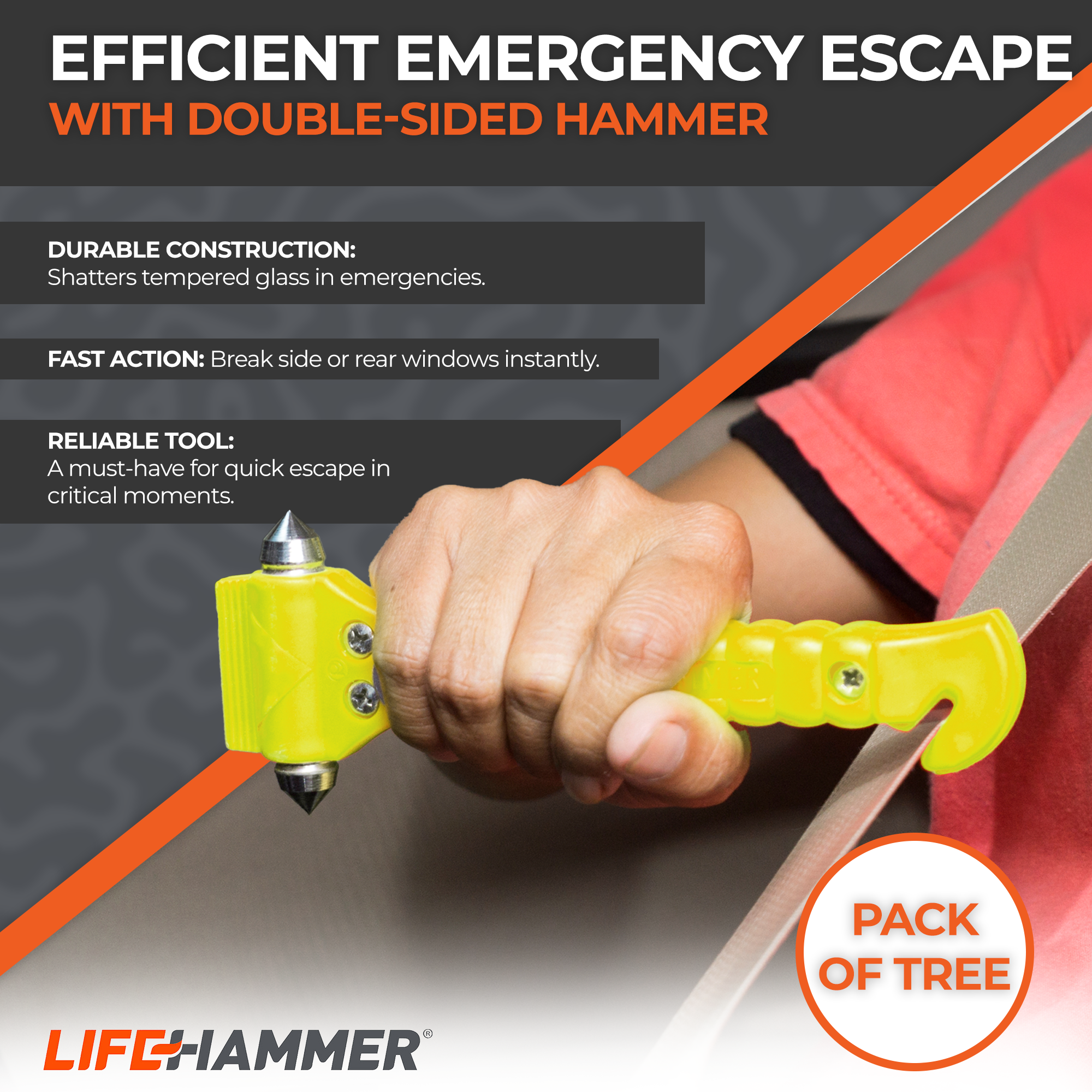 Lifehammer Brand Car Safety Hammer, the Original Emergency Auto Escape and Rescue Tool with Seatbelt Cutter, Made in the Netherlands, Glow Yellow - 3 Pack