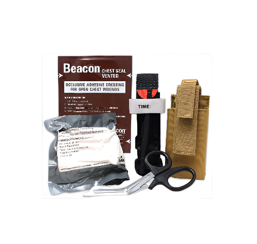 MediTac Gen 1 Deluxe Combo IFAK Kit - Feat. Tourniquet and Holder, Beacon Vented Chest Seal, Emergency Hemostatic Control Bandage and Autoclavable Stainless Steel EMS Shears - Tan