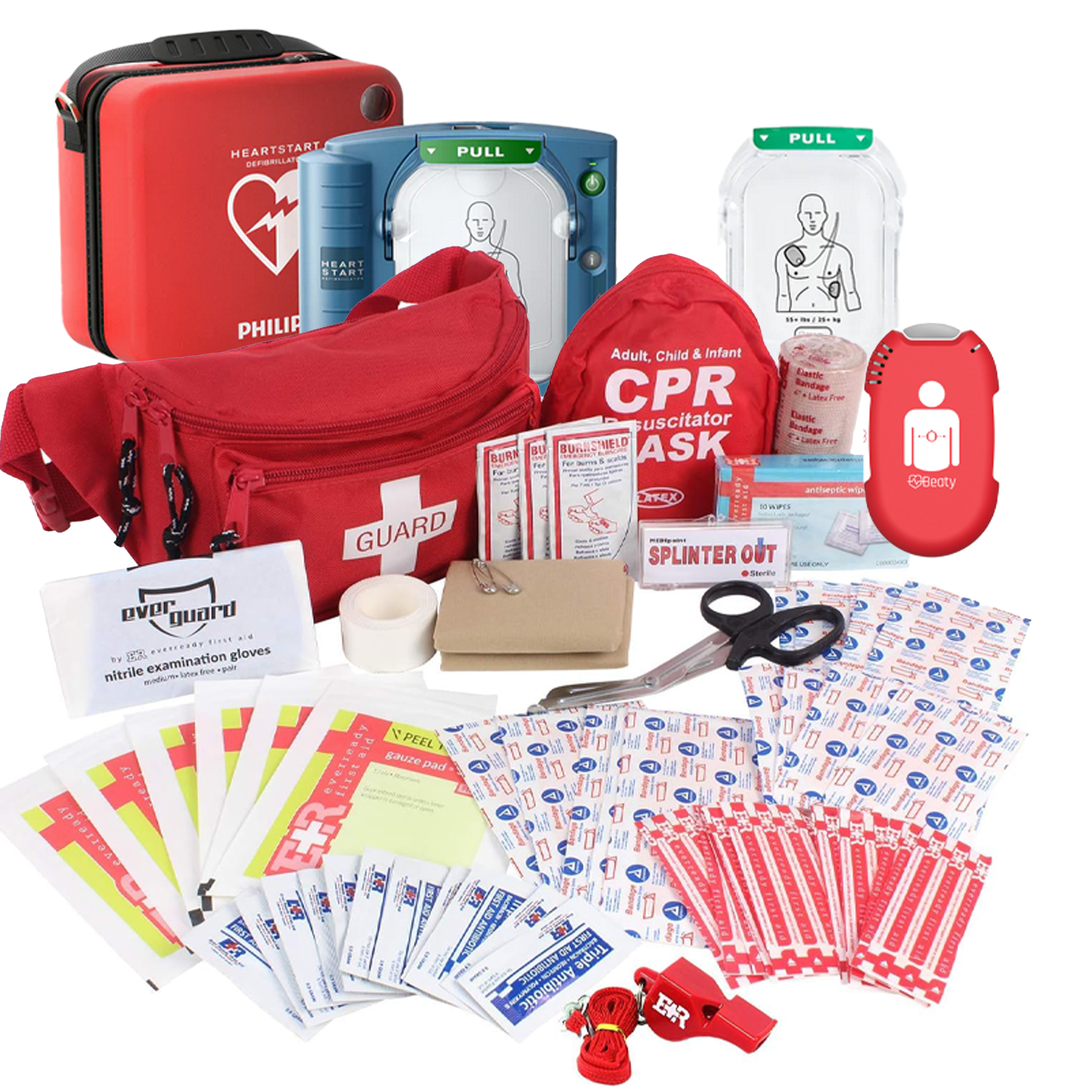 Ever Ready First Aid complete emergency kit with Philips AED, Defibrillation pads, and Beaty CPR (Adults and Children) (EVR1304K, BEATY001, PHIM5066A)