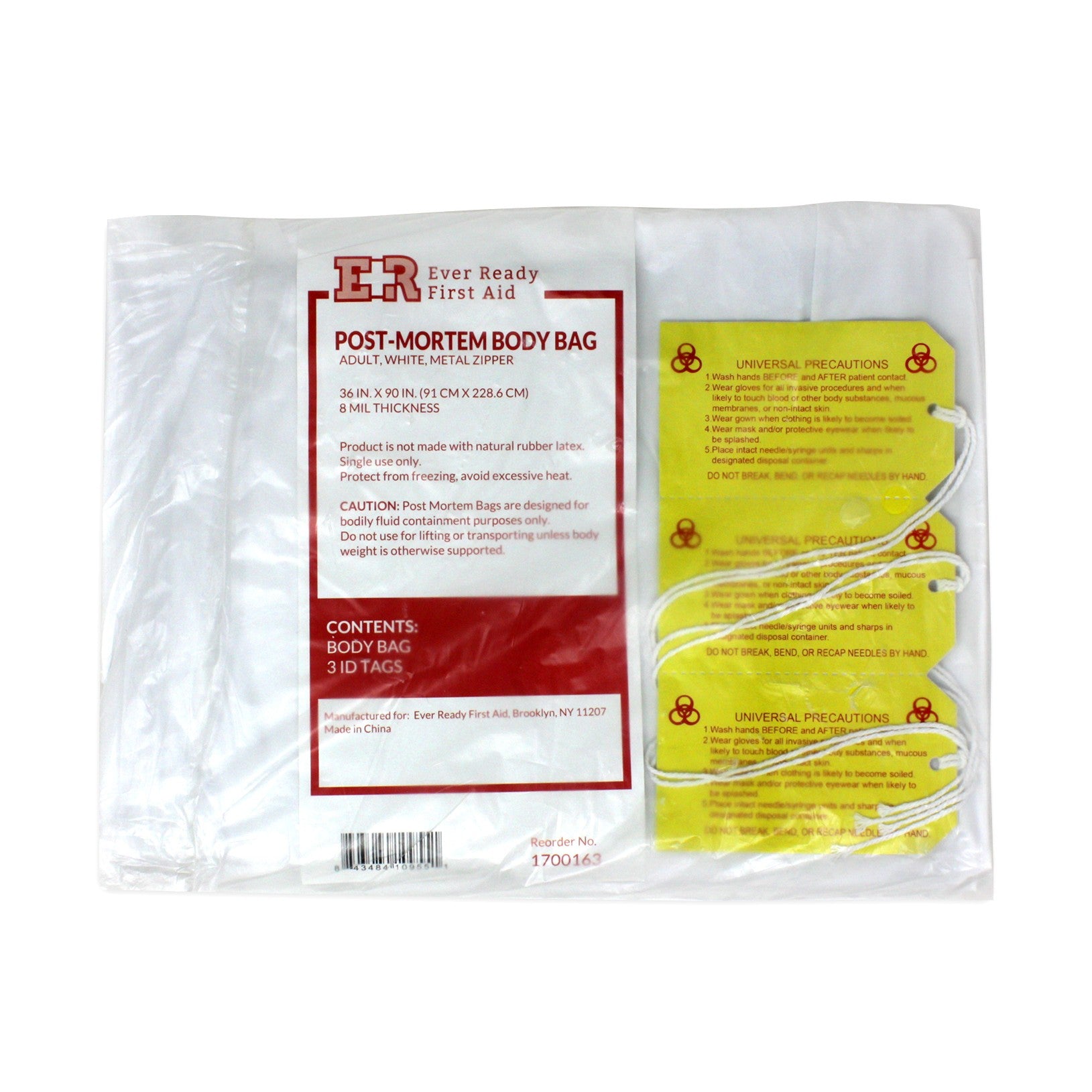 Ever Ready First Aid PVC Body Bag with Metal Zipper for Adult, White, 36" x 90" with ID Tags