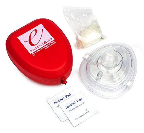 Ever Ready First Aid CPR Rescue Mask, Adult/Child Pocket Resuscitator, Hard Case with Wrist Strap + Gloves and Wipes with Inlet for O2 port