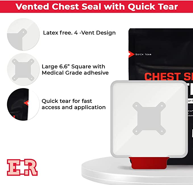 Ever Ready First Aid Vented Chest Seal with Quick Tear - 6.6” Square Occlusive Adhesive Dressing for Open Chest Wounds - 3 Pack