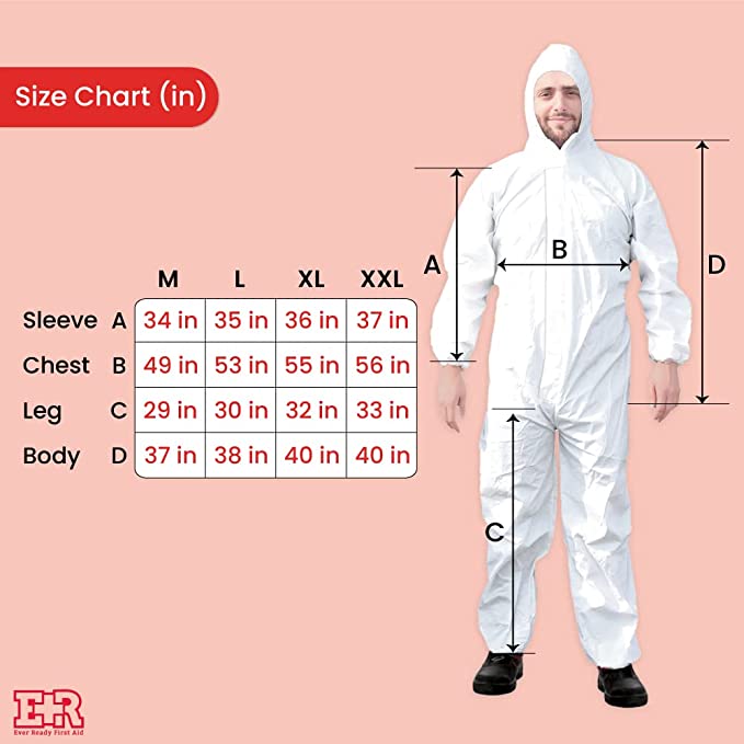 Ever Ready First Aid Disposable Microporous Coated Coverall Suit with Elastic Wrists, Elastic Ankles, Elastic Waist And Hood
