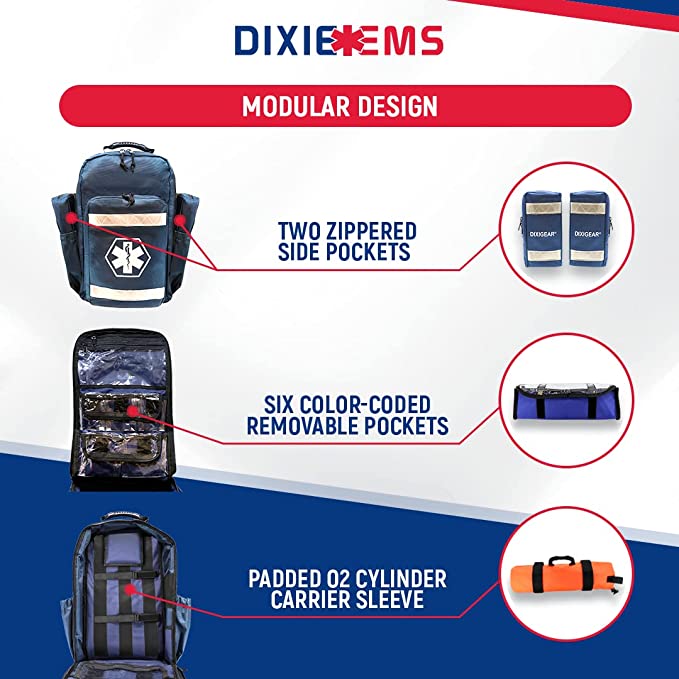 Dixie Ems Ultimate Pro Trauma O2 Backpack with Modular Pouch Design, Oxygen Gear Bag for First Responders and Medics
