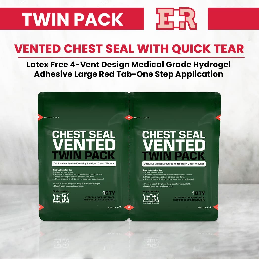 Ever Ready First Aid Vented Chest Seal with Quick Tear Twin Pack- 6.6” Square Occlusive Adhesive Dressing for Open Chest Wounds
