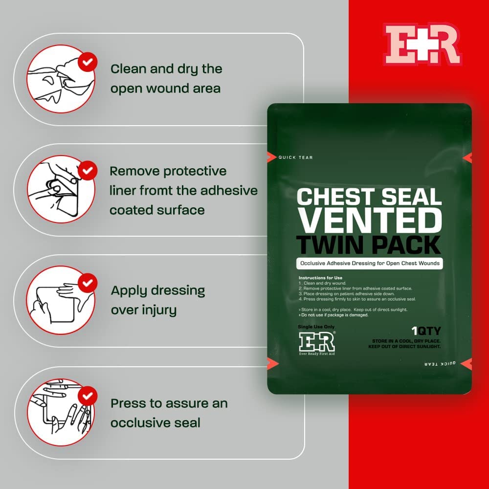 Ever Ready First Aid Vented Chest Seal with Quick Tear Twin Pack- 6.6” Square Occlusive Adhesive Dressing for Open Chest Wounds