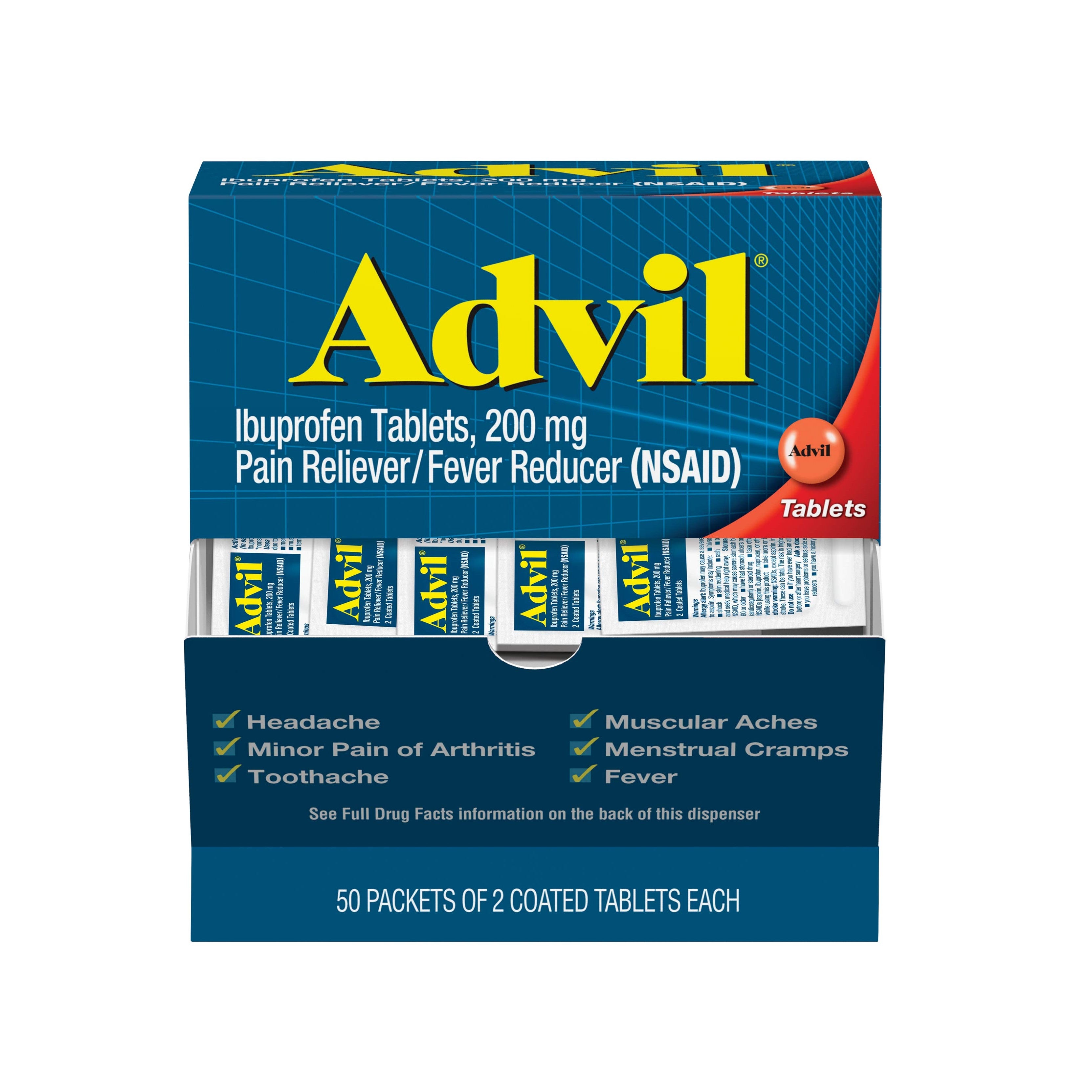 Advil Coated Tablets, Ibuprofen 200mg, 100 Count (50 Packets of 2 tablets)