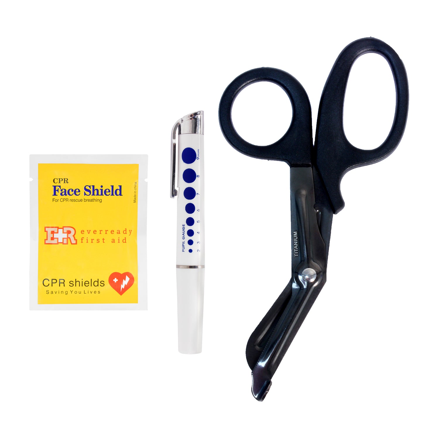 MediTac Titanium Bonded Bandage Shears, Reusable White LED Pen Light, & CPR Face Shield