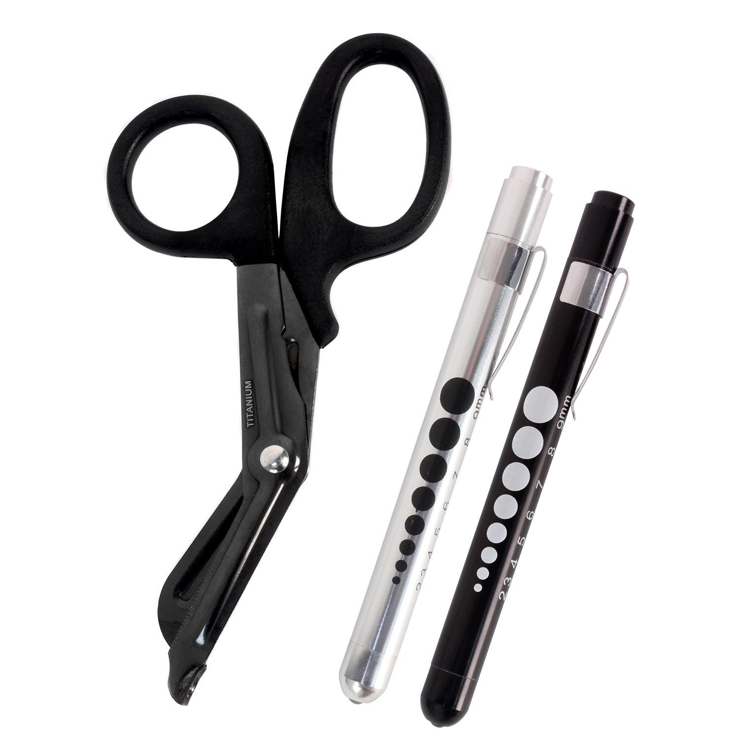 MediTac Titanium-Bonded EMT Trauma Shears – 7 ¼” Black Medical Bandage Scissors with LED Pen Light Two Pack