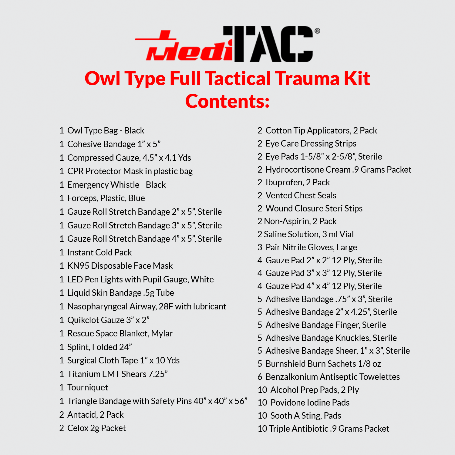 MediTac Small Rip-Away Owl Type Full Tactical Trauma Kit Feat. Chest Seals, Tourniquet, Bleeding Control Items, Titanium EMT Shears, Bandages